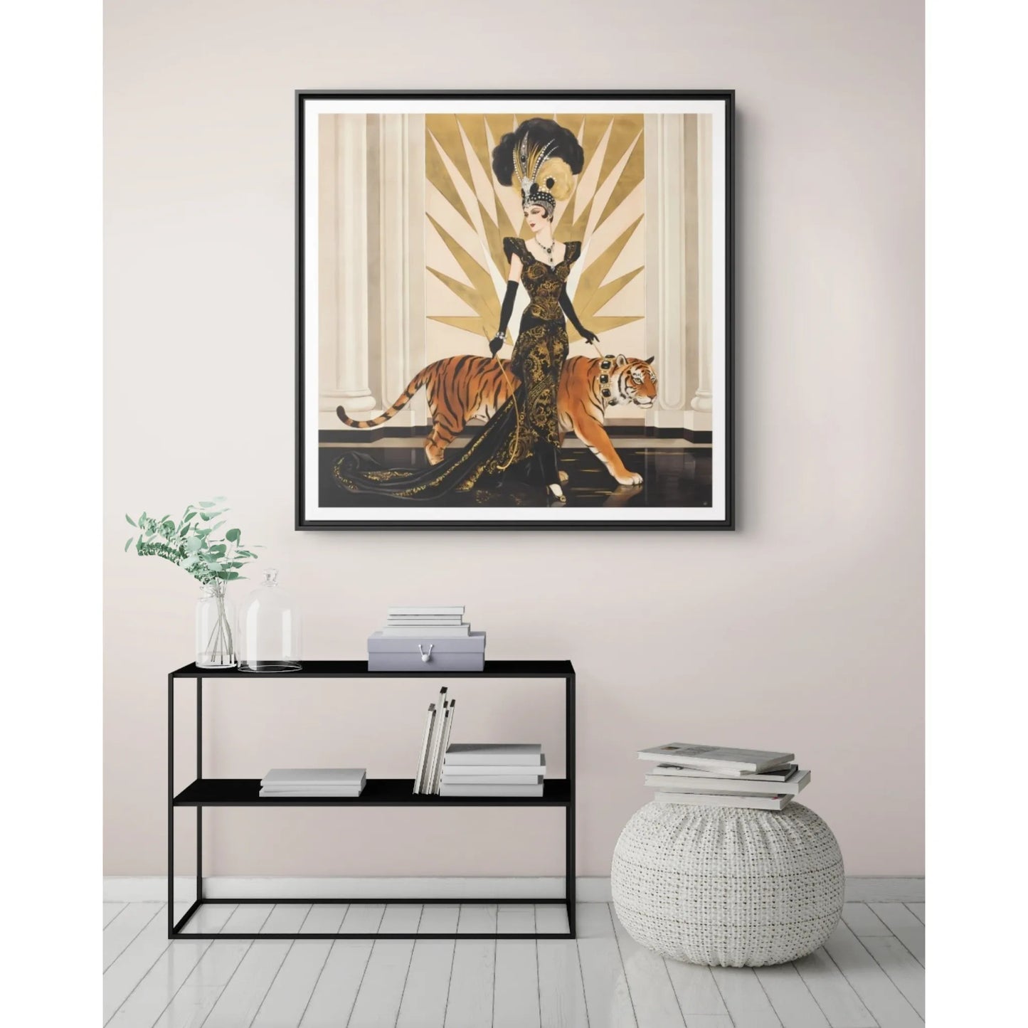Art Deco Showgirl with Tiger Matte Canvas Framed Print