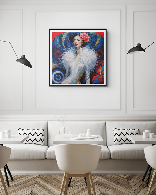 Floral Portrait  Asian Woman Matte Canvas Framed | Colorful Modern Wall Art