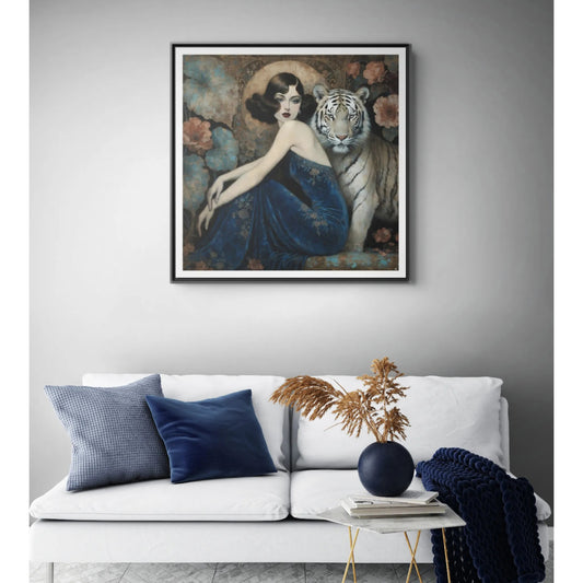Vintage Art Deco Glam Woman with White Tiger Matte Canvas Framed Wall Art