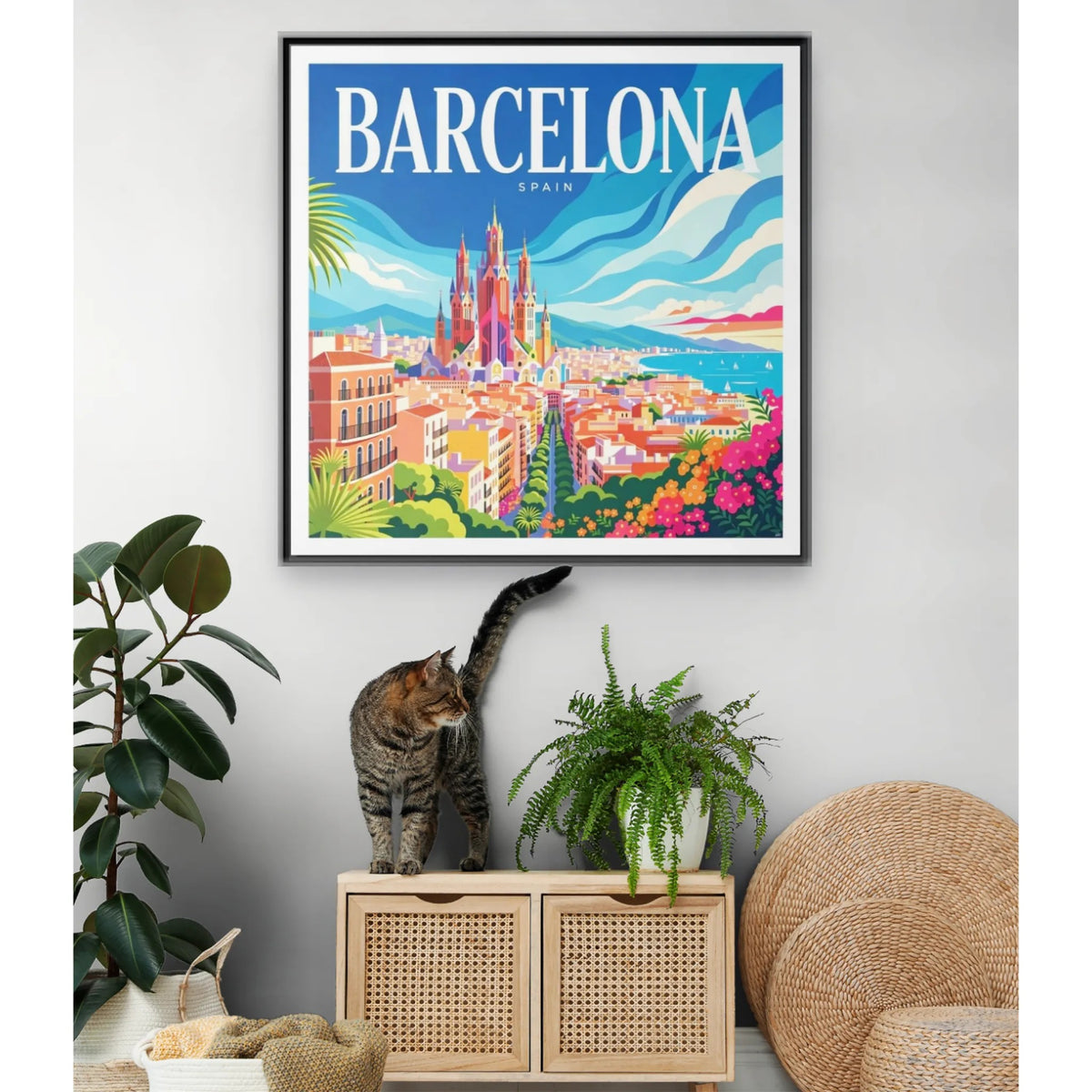Barcelona Skyline Canvas Framed | Matte Wall Art