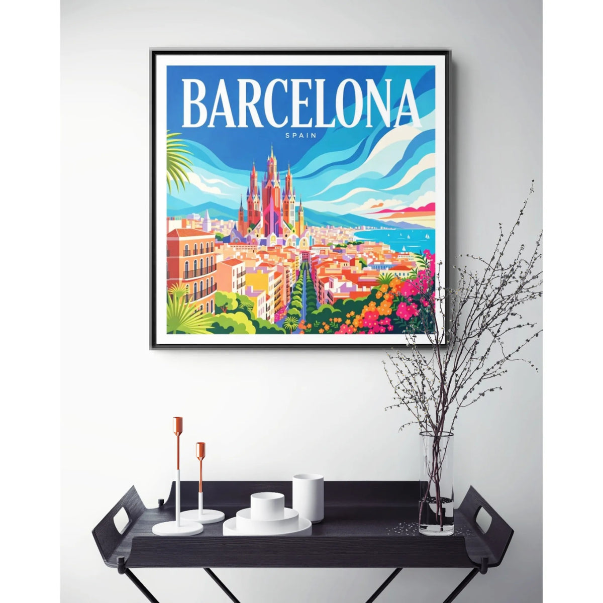Barcelona Skyline Canvas Framed | Matte Wall Art