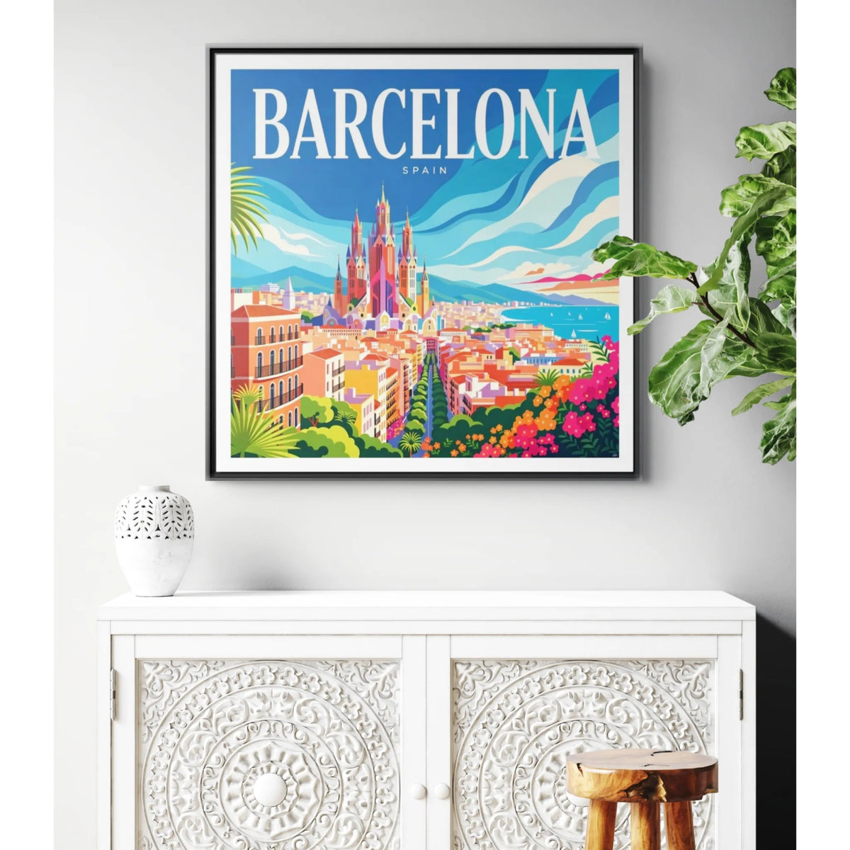 Barcelona Skyline Canvas Framed | Matte Wall Art