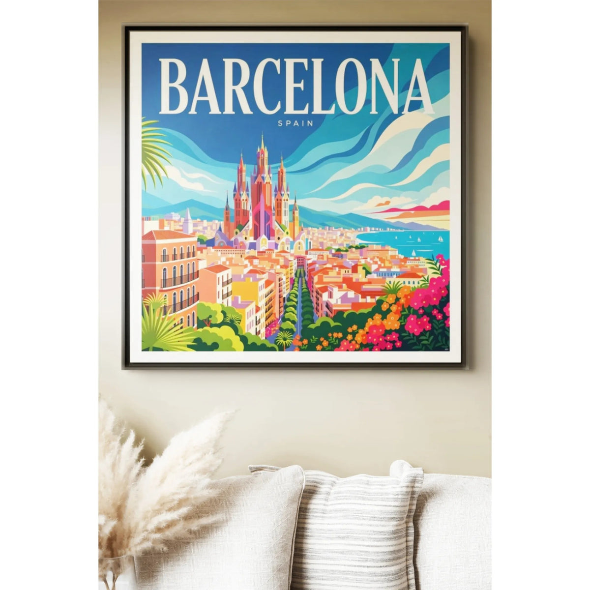 Barcelona Skyline Canvas Framed | Matte Wall Art