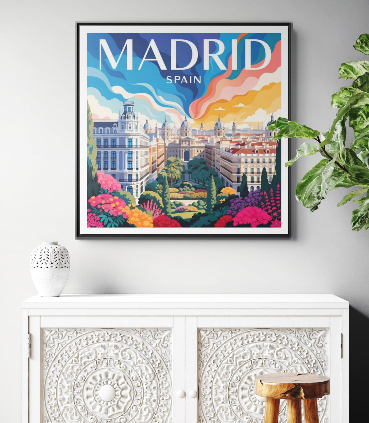 Madrid Spain Travel Art Matte Canvas Framed | Cityscape Wall Art