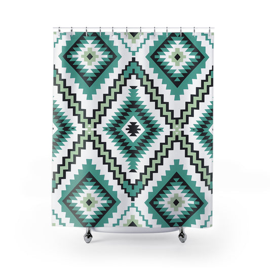 Geometric Turquoise Shower Curtain, Modern Bathroom Decor, Boho Chic Home, Unique Gift Idea, Tribal Pattern Bathroom Accessory - LOLA VEGAS ART