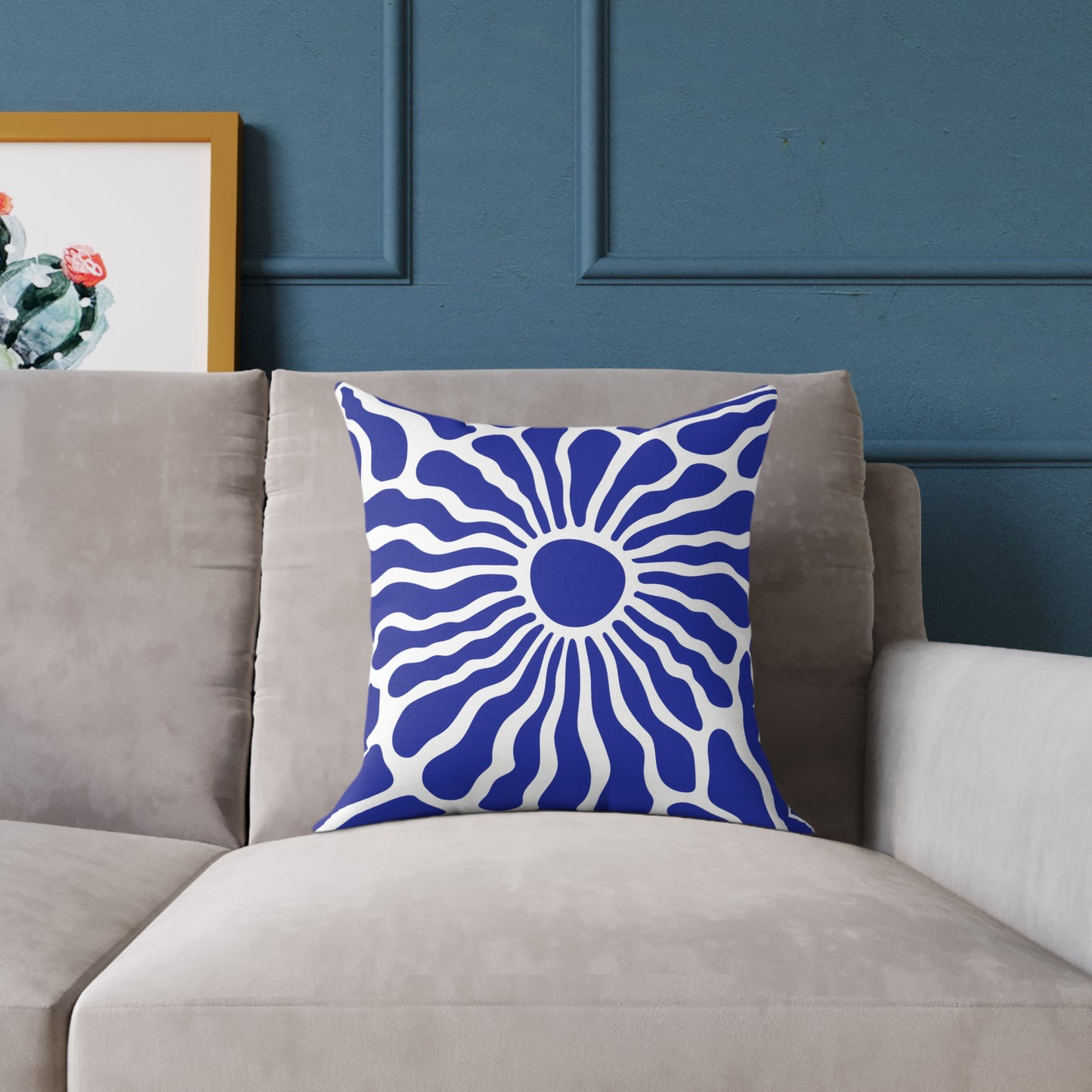 Blue Radiant Sunburst Square Pillow | Boho Coastal Throw Pillow