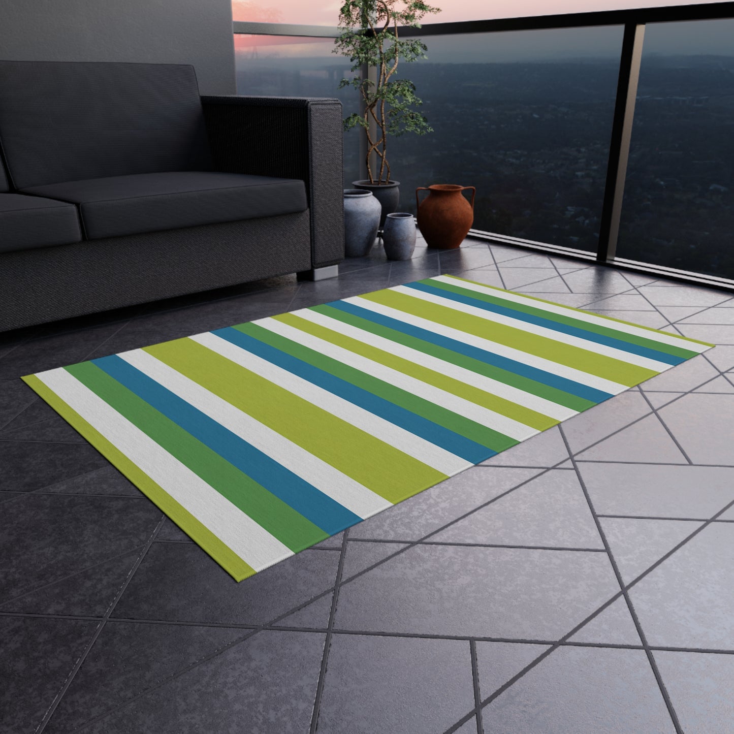Blue Green Stripe Outdoor/Indoor Rug | Patio Mat, Weatherproof Porch Rug