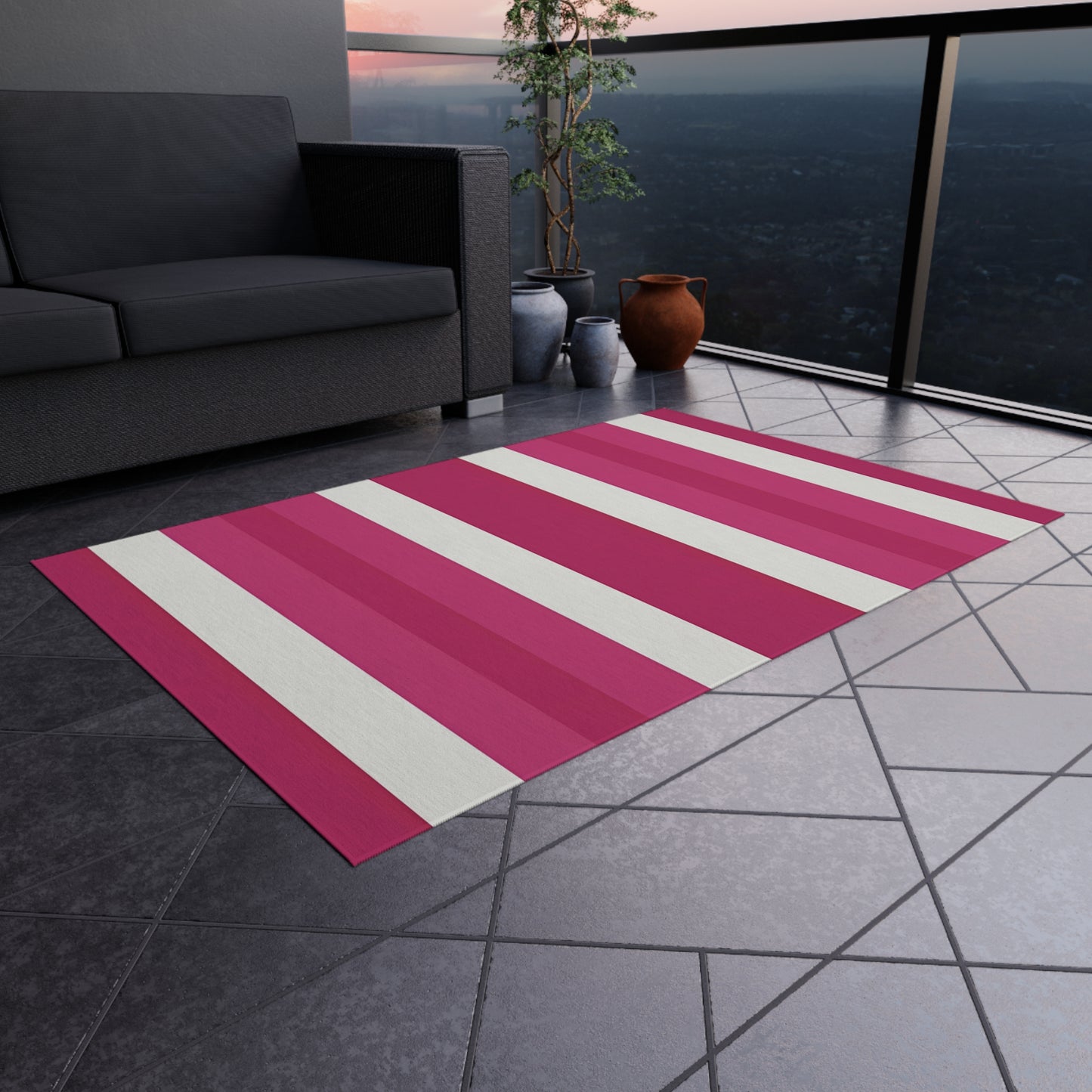 Pink and White Striped Outdoor/Indoor Rug | Patio Mat, Sunroom Deck