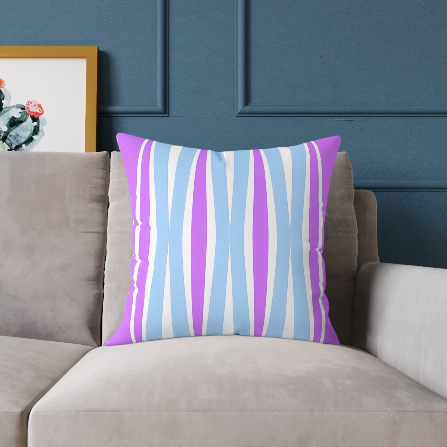 Pastel Wave Stripe Square Pillow | Blue Magenta Mid-Century Modern