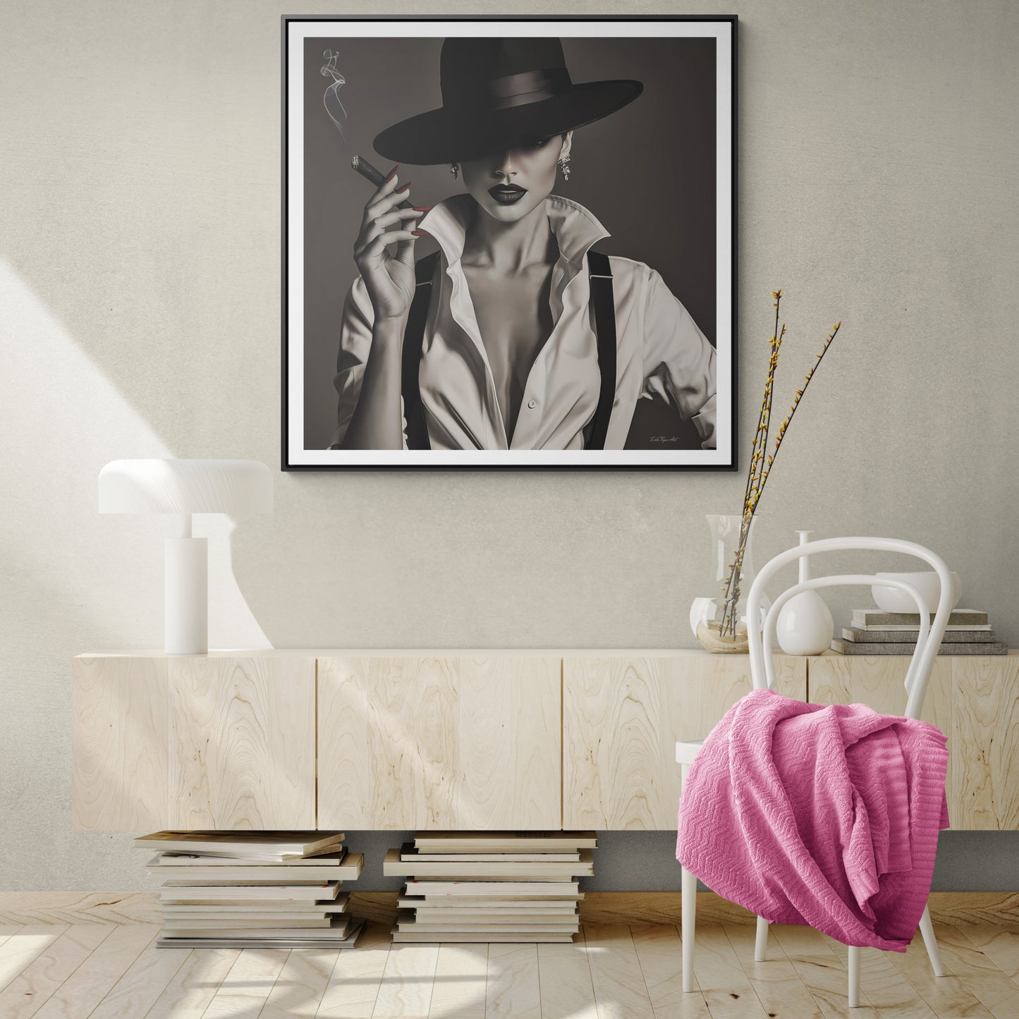 Film Noir Woman Canvas Art, Square Frame, Sexy Black White Femme Fatale Fedora Hat Cigar, Wall Hanging Poster Print, Home Decor Gift,