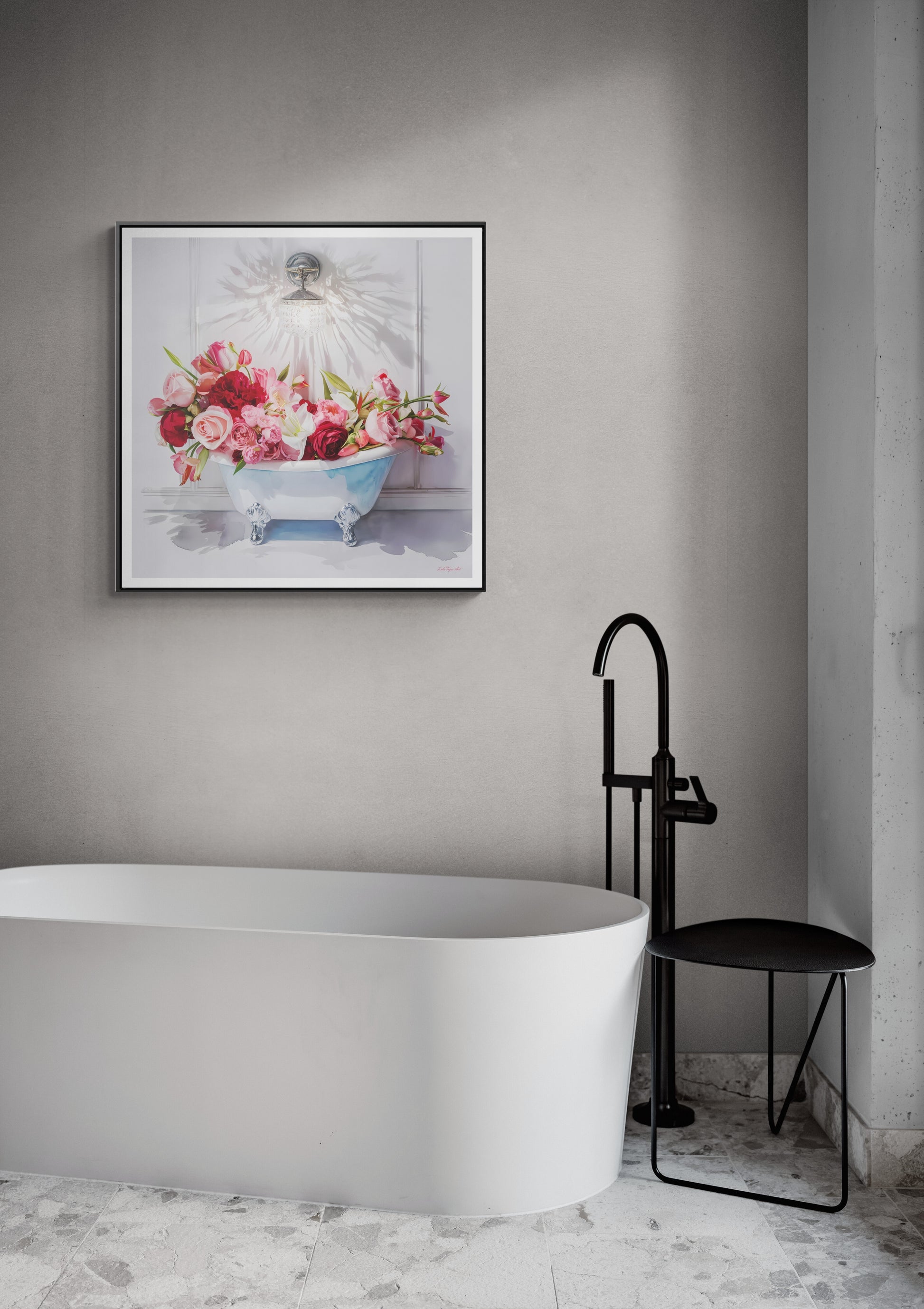 Bathroom Wall Art, Feminine Floral Canvas, Vintage Bathtub Decor, Sqare Frame Picture, Pink Red Flowers Painting, Gallery Square Frame Wrap, - LOLA VEGAS ART