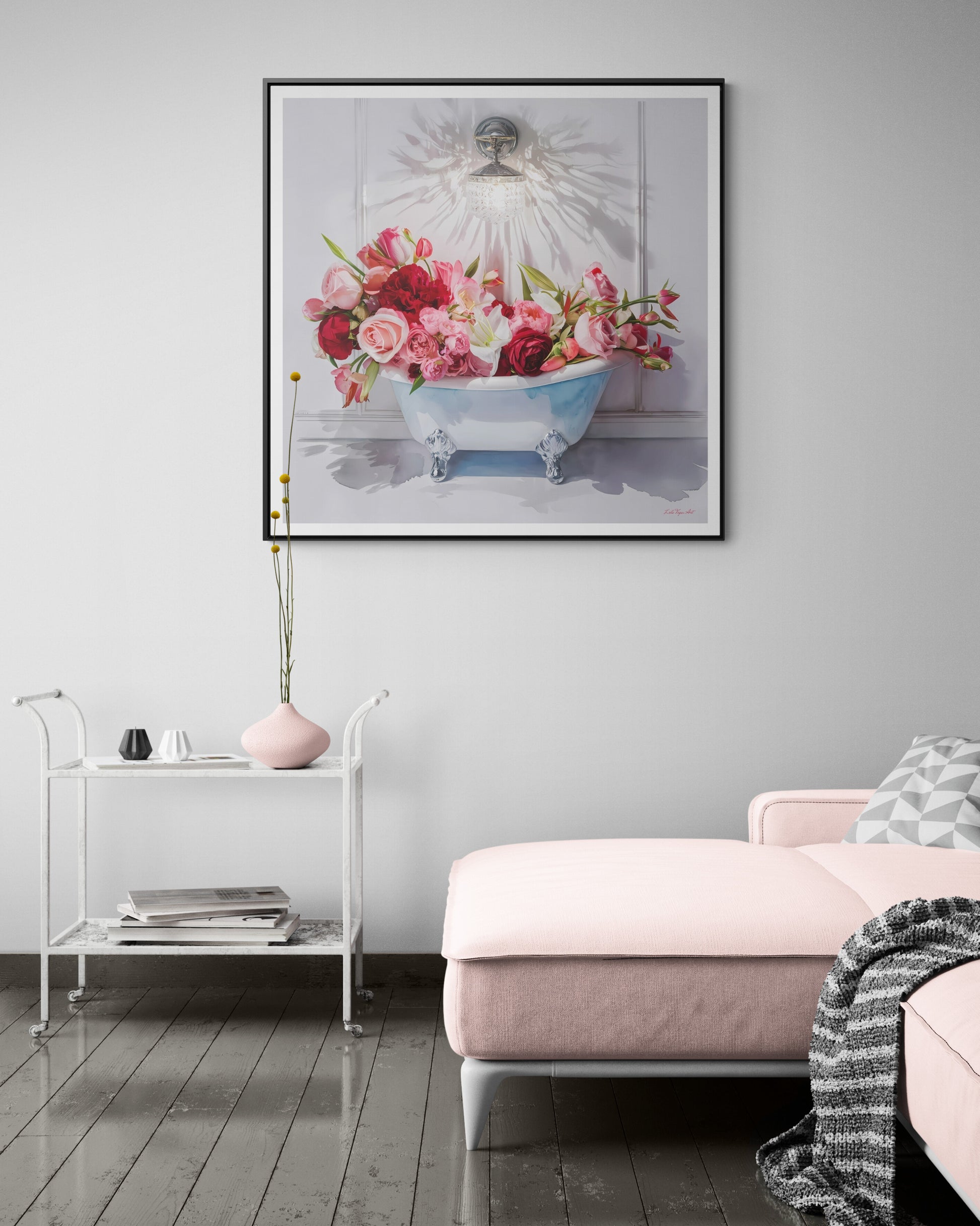 Bathroom Wall Art, Feminine Floral Canvas, Vintage Bathtub Decor, Sqare Frame Picture, Pink Red Flowers Painting, Gallery Square Frame Wrap, - LOLA VEGAS ART