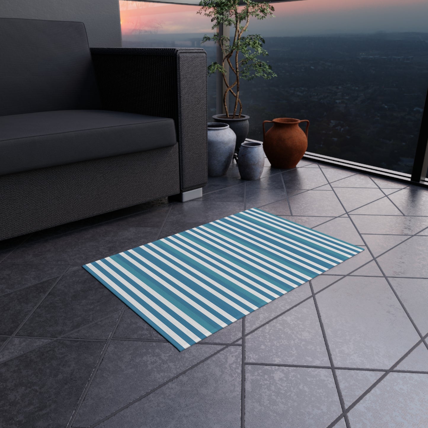 Blue White Striped Outdoor/indoor Rug | Patio Door Mat