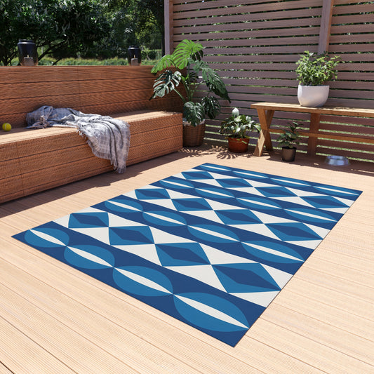 Blue White Geometric Pattern Outdoor Rug | Modern Diamond Stripe Patio Mat