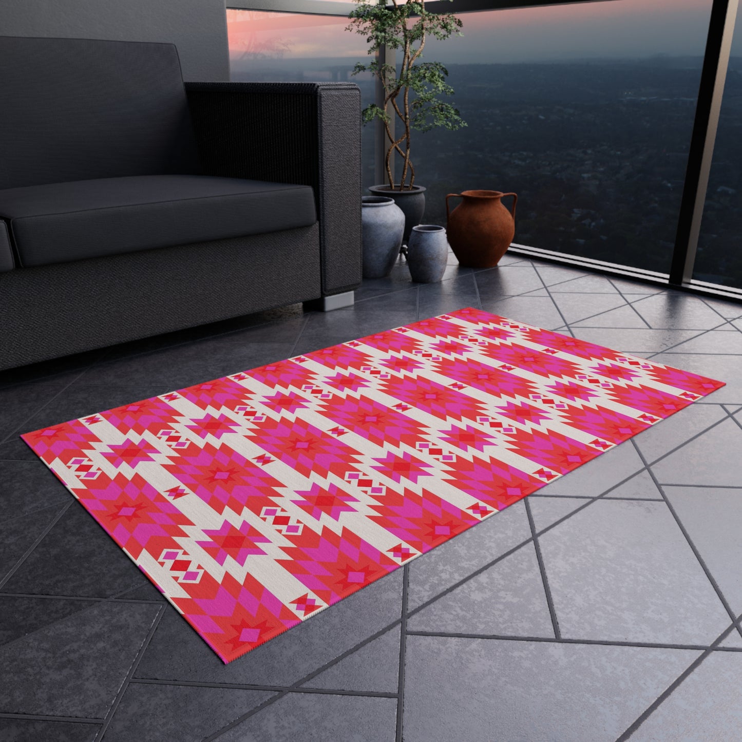 Pink Orange Aztec Geometric Pattern Outdoor/Indoor Rug | Southwestern Boho Patio Mat