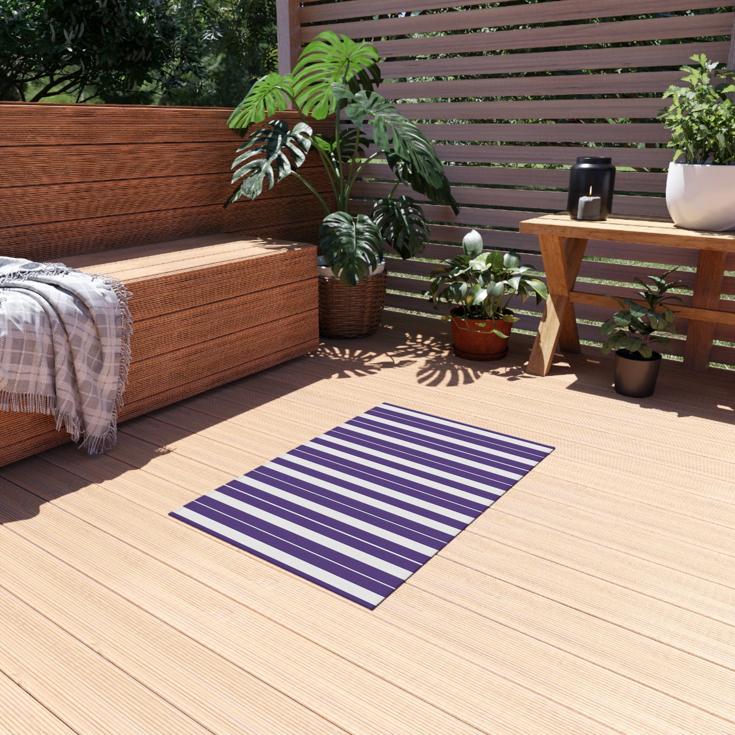 Purple White Stripe Outdoor/Indoor Rug | Patio Mat, Weather-Resistant Striped Doormat