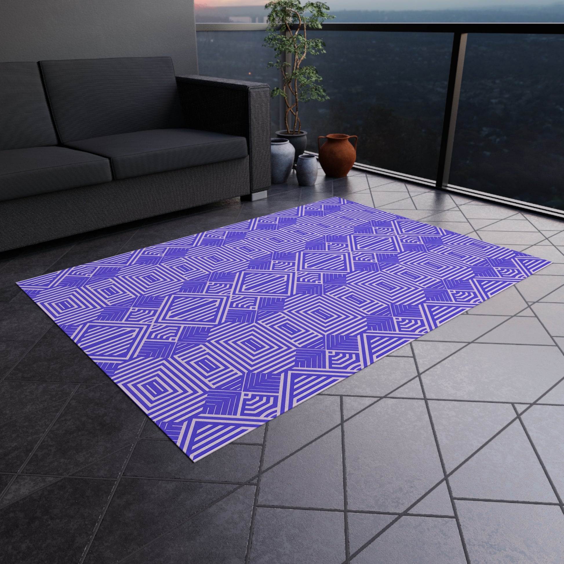 Purple and White Stylish Outdoor/Indoor Rug for Patio Decor, Boho Chic Deck Mat, Versatile Area Rug, Summer Gatherings, Garden Party Decor - LOLA VEGAS ART