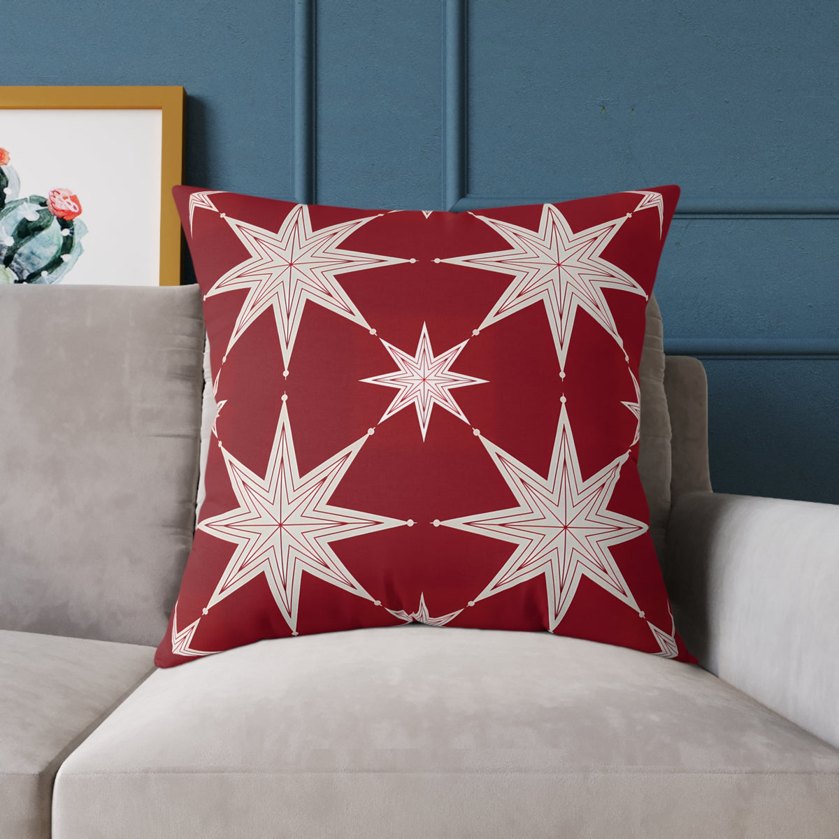 Ivory Starburst Pattern Square Pillow | Red Holiday Throw Cushion