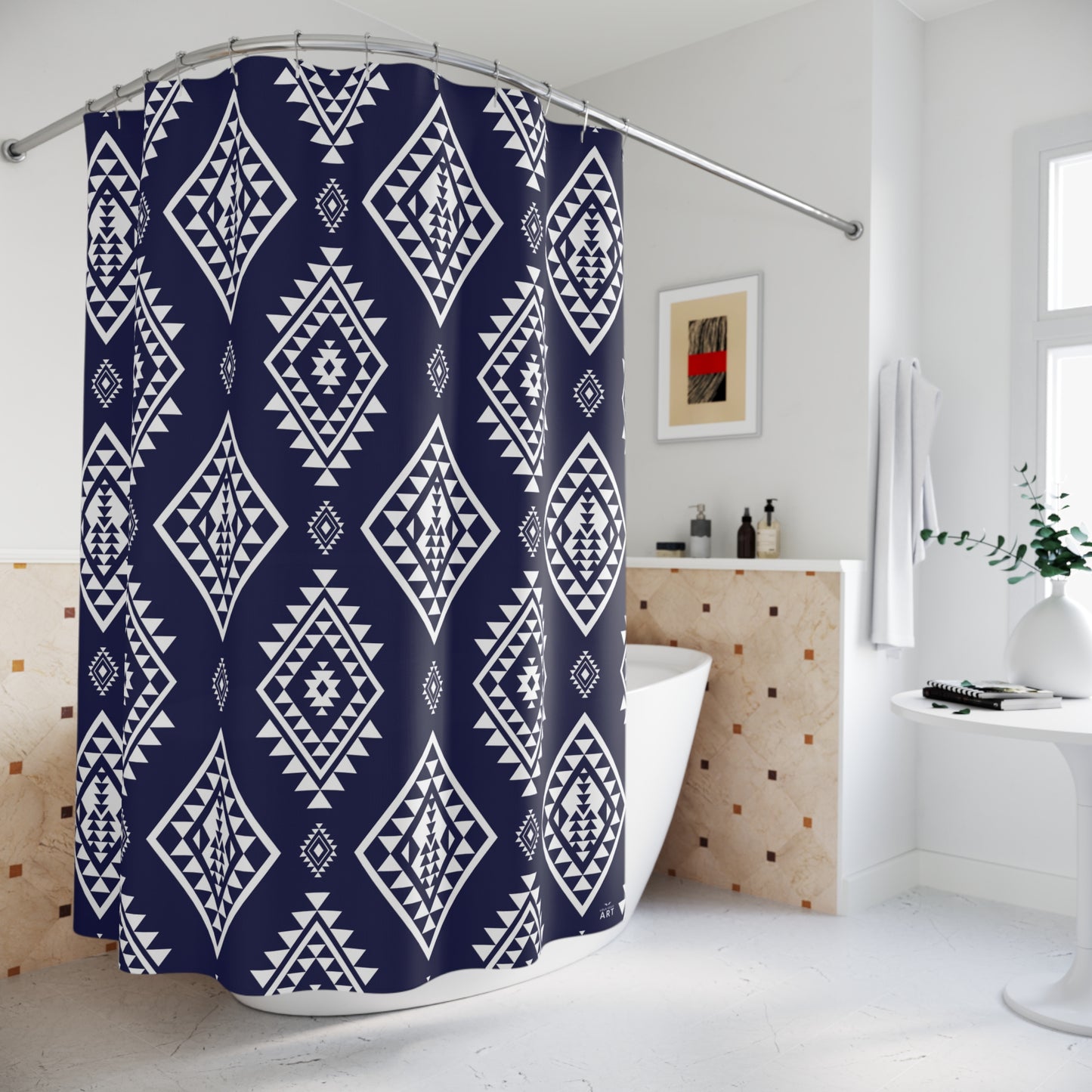 Navy Aztec Diamond Shower Curtain | Southwestern Geometric Bathroom Decor, Boho Bathroom Accessory