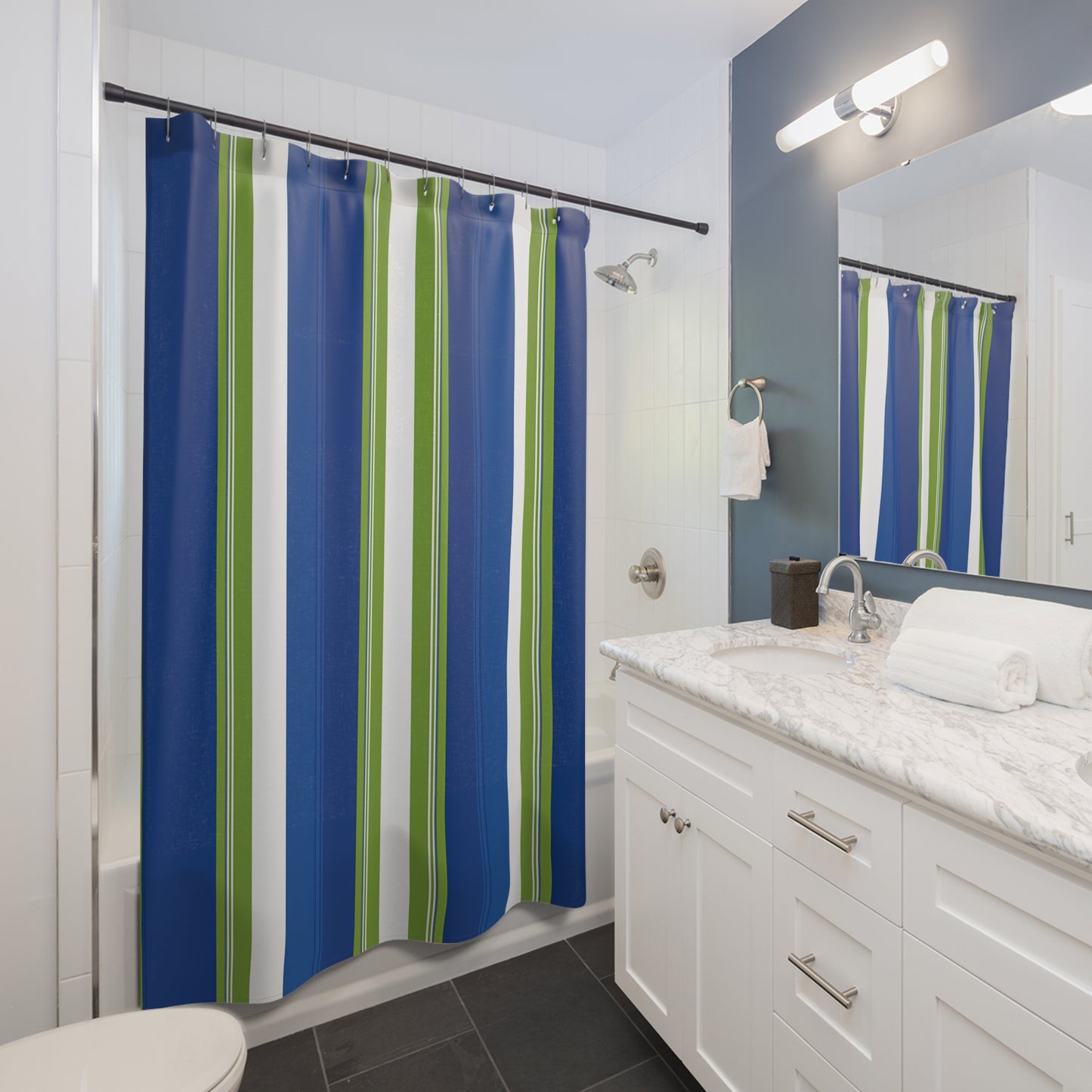 Blue Green Striped Shower Curtain | Nautical Coastal Bathroom