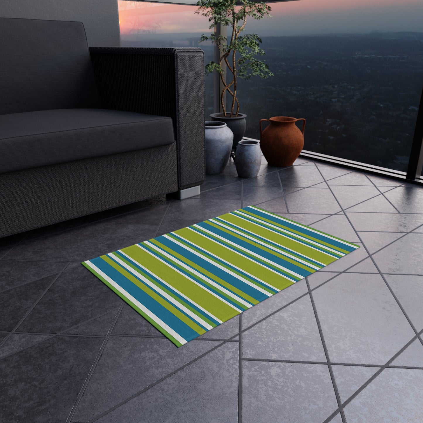 Blue Green White Stripe Outdoor/Indoor Rug | Patio Mat, Weather-Resistant