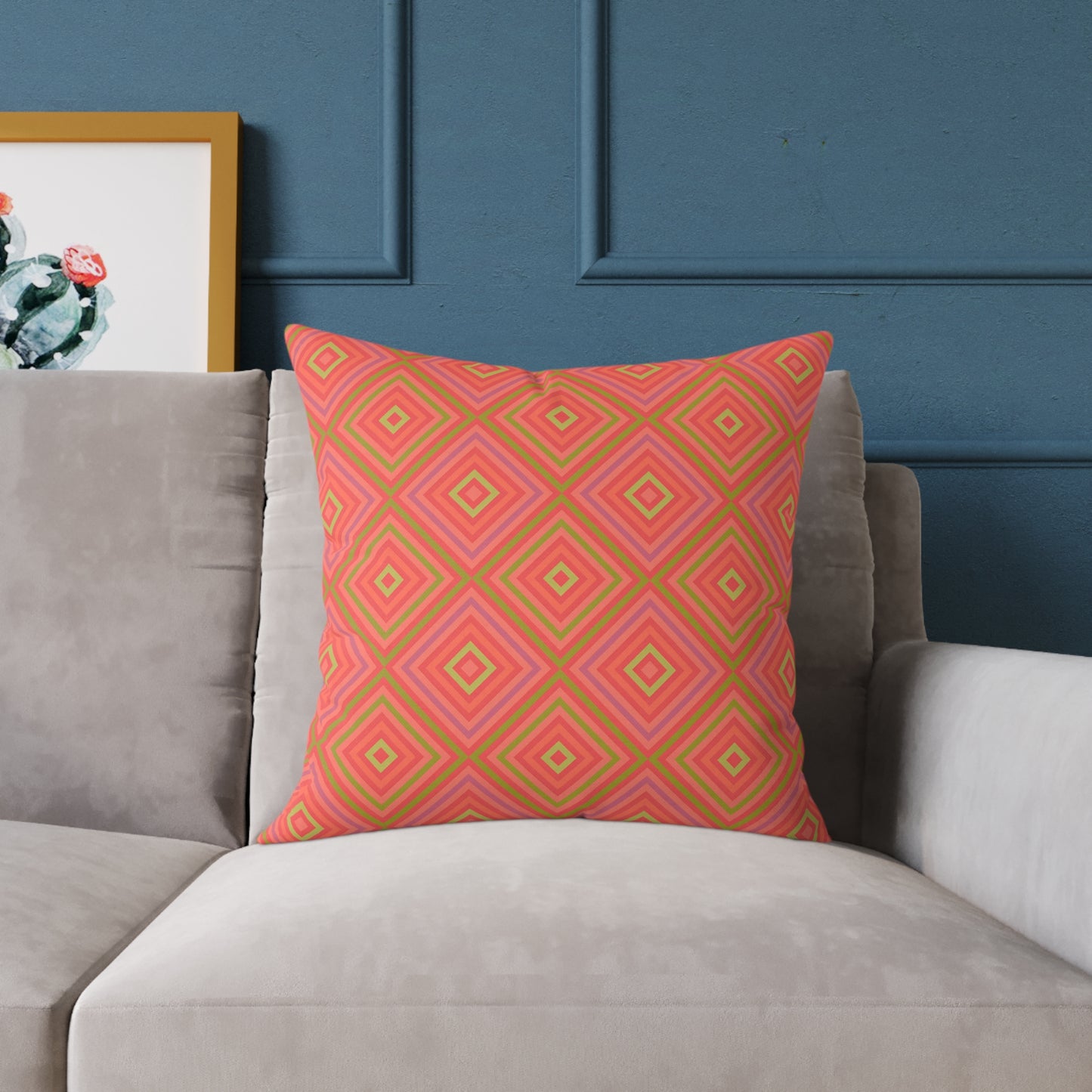Geometric Diamond Pattern Square Pillow | Coral Orange Pink Accent
