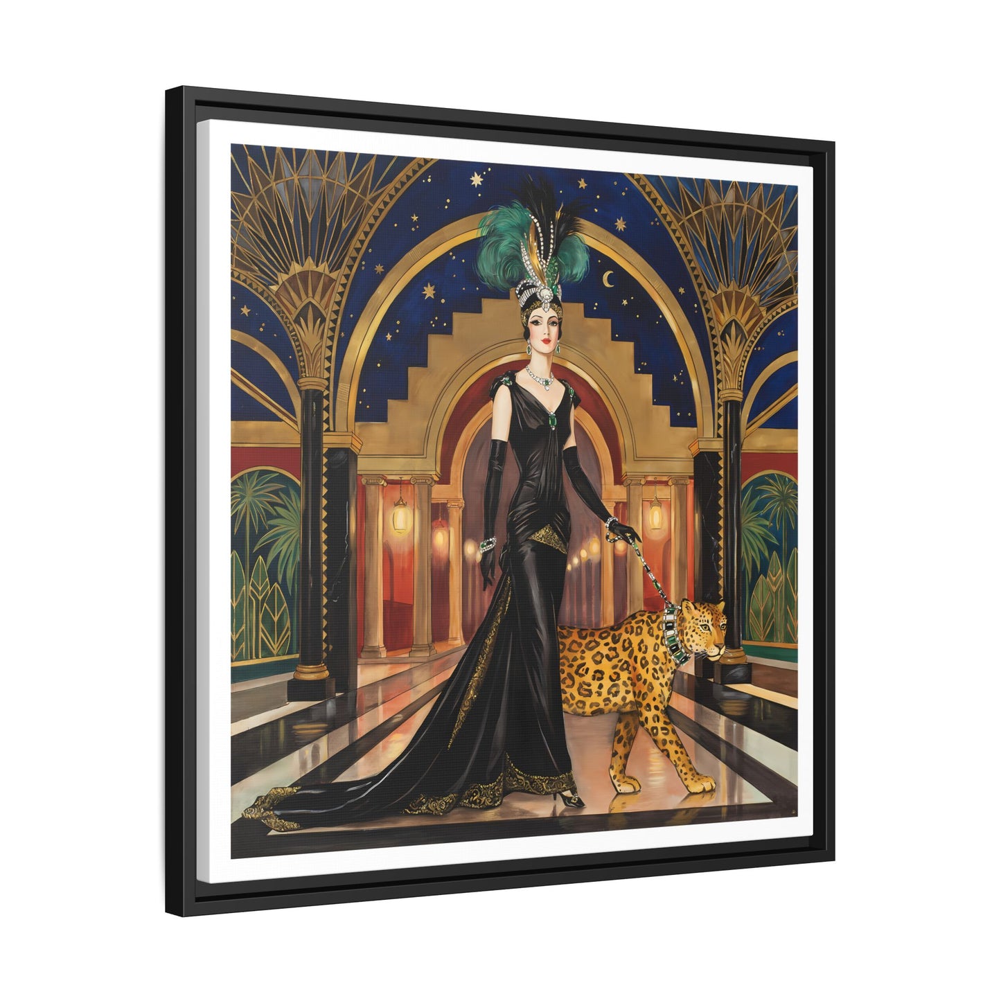 Art Deco Flapper with Leopard Canvas Framed Wall Art | Matte Print