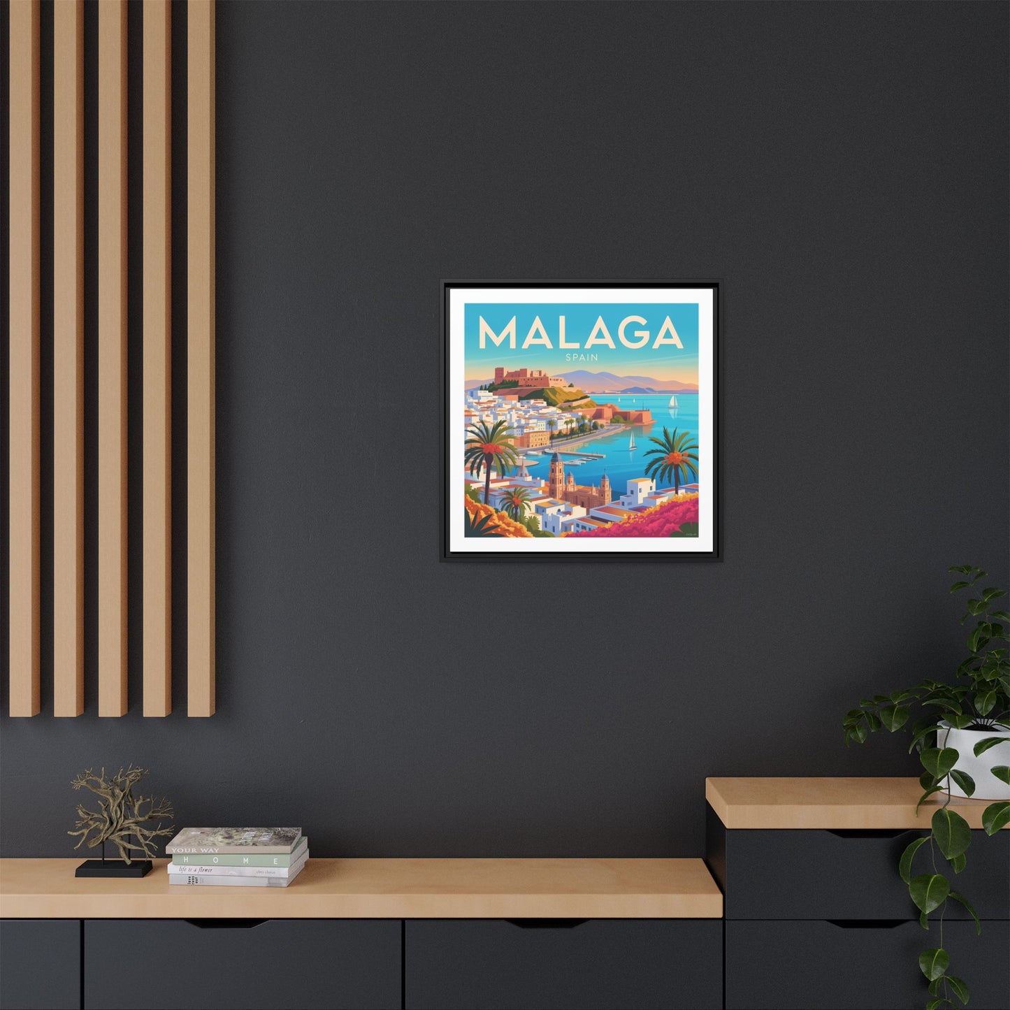 Malaga Spain Coastal  Matte Canvas Framed Wall Art| Vintage Style Travel Art