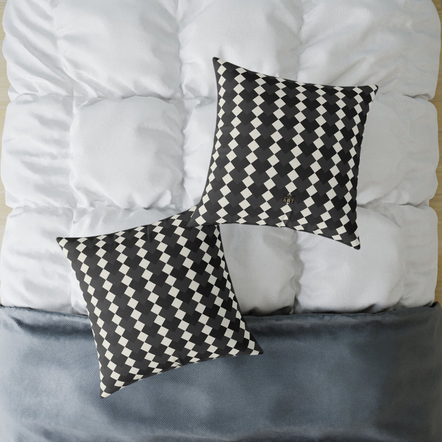 Black White Harlequin Diamond Pattern Pillow | Square Poly Canvas Pillow