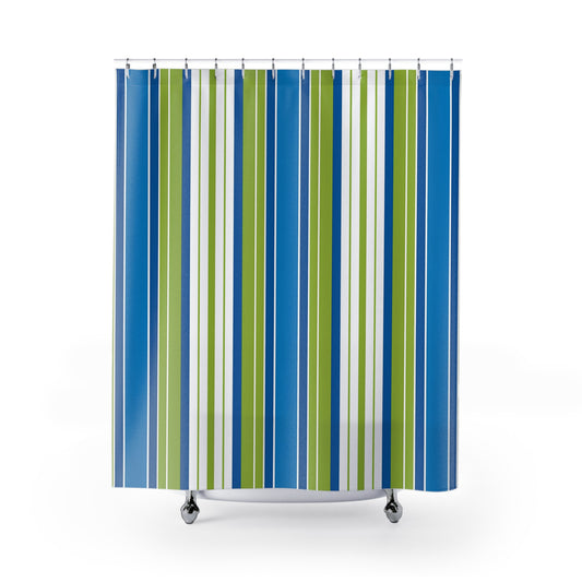 Blue Green Vertical Stripes Shower Curtain | Nautical Bathroom Stripe