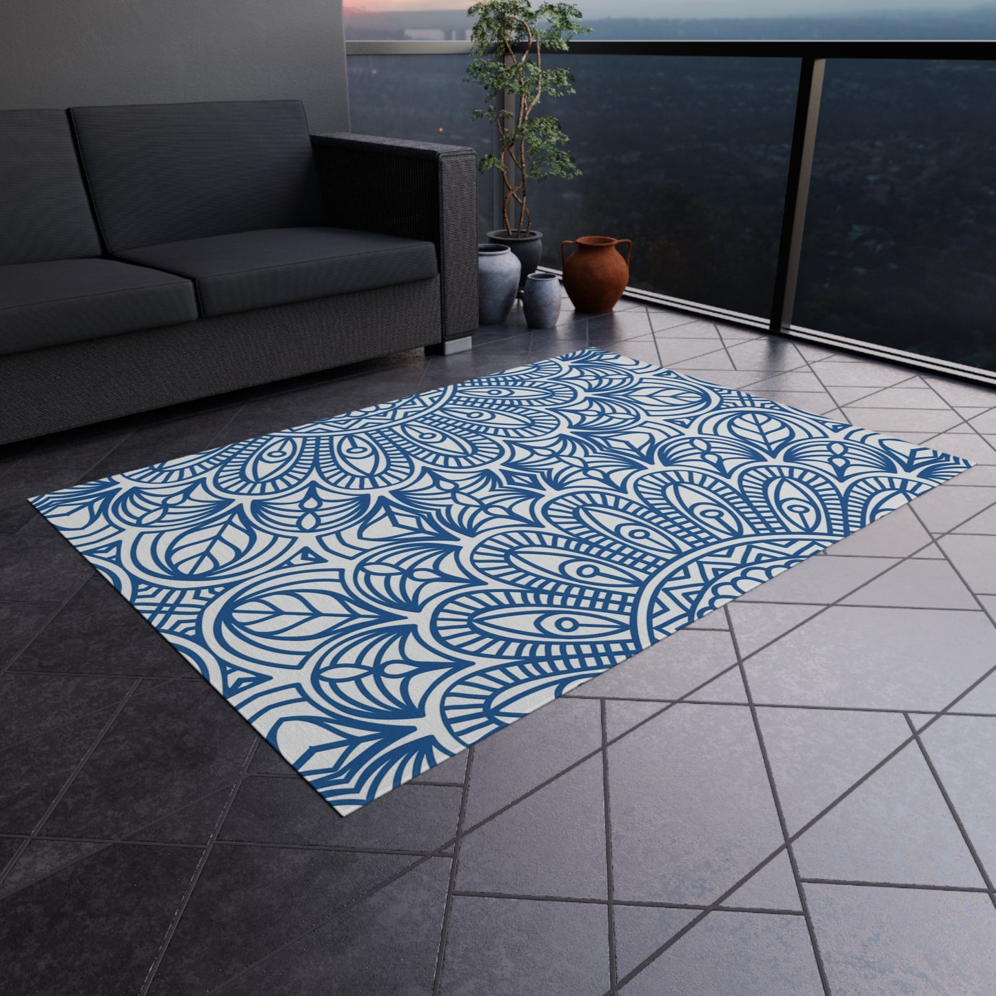 Blue Mandala Pattern Outdoor/Indoor Rug | Waterproof Patio Mat
