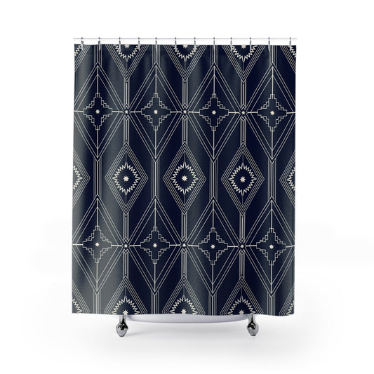 Navy Geometric Diamond Pattern Shower Curtain | Art Deco Inspired
