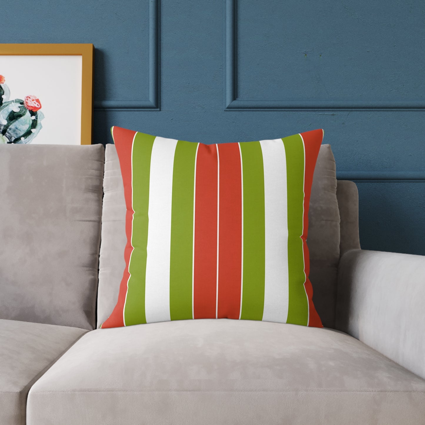 Orange White Green Stripe Pillow | Square Poly Canvas Pillow