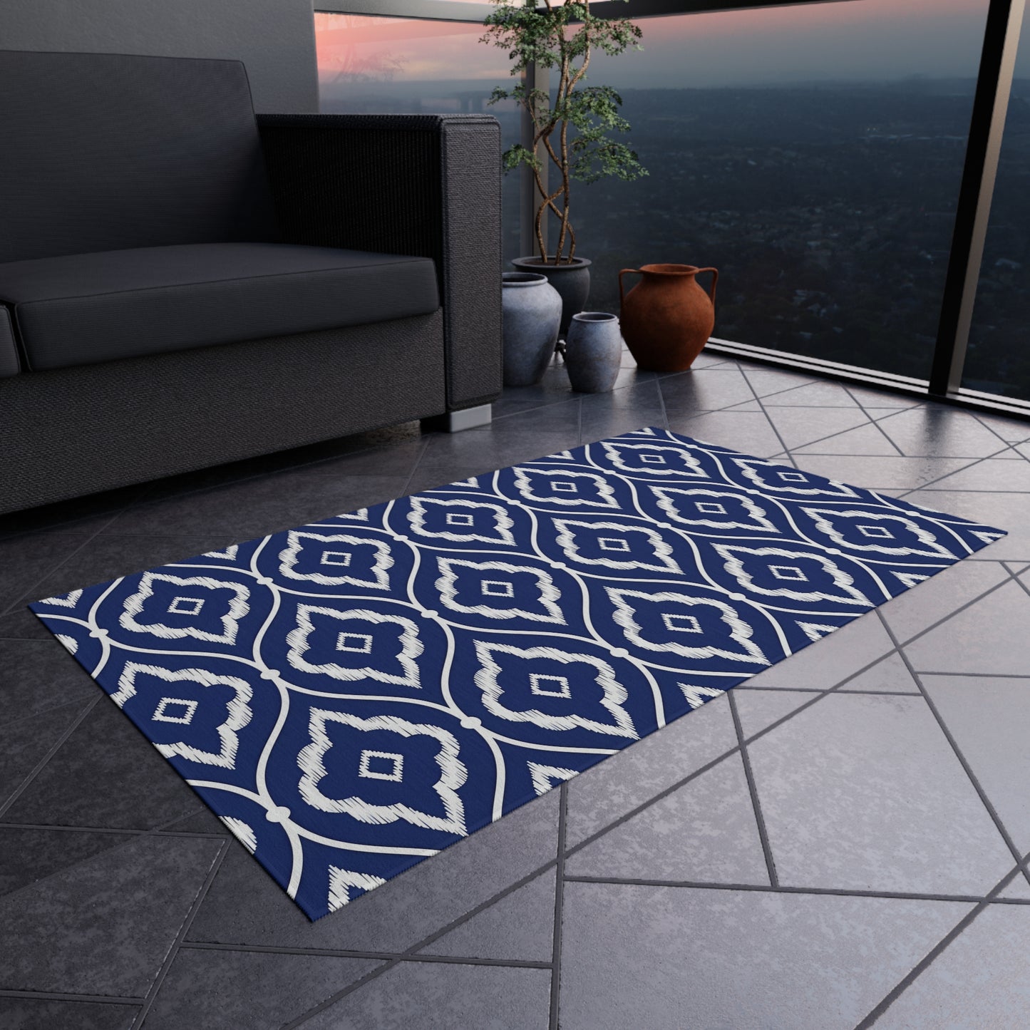 Navy White Ikat Geometric Outdoor/Indoor Rug | Patio Mat