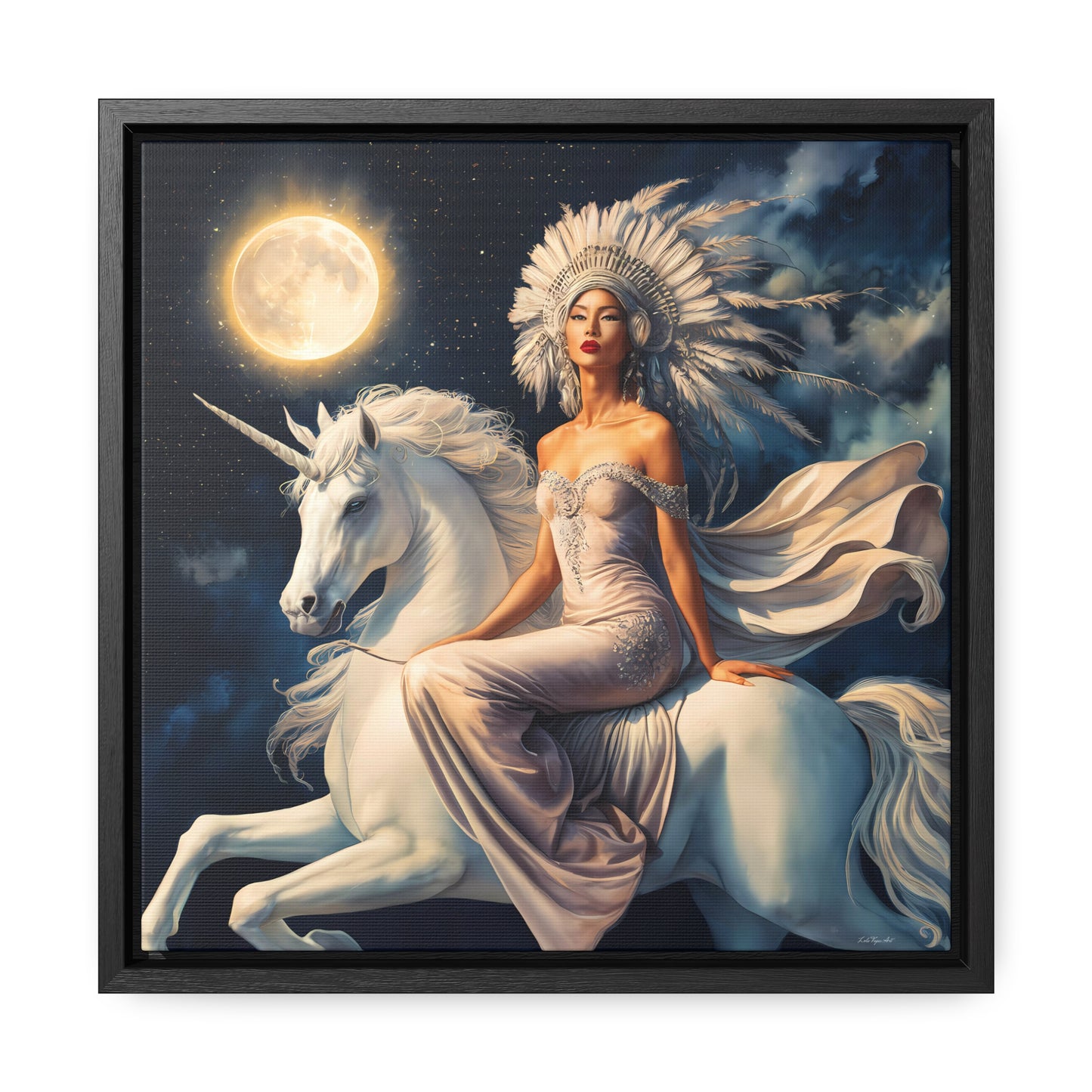 Fantasy Native American Princess Unicorn Square Canvas Wall Art, Night Full Moon Square Frame, Nursery Decor, Boho Chic Gift, Home Decor