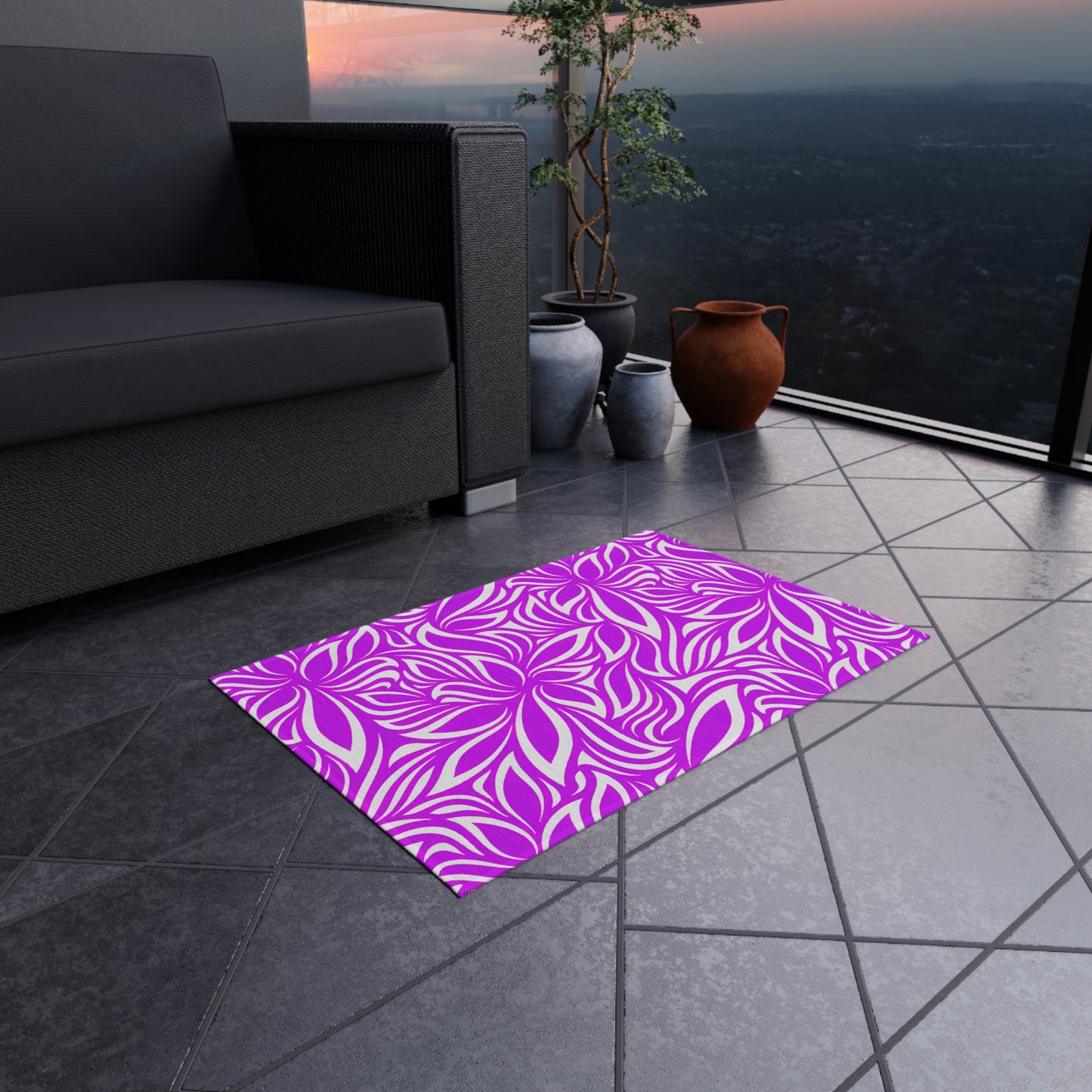 Magenta White Floral Pattern Outdoor/Indoor Rug | Tropical Leaf Medallion Patio Mat