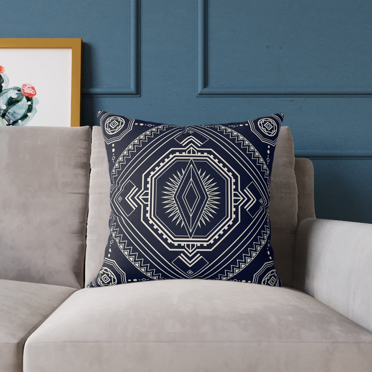 Navy Aztec Mandala Square Pillow | Geometric Boho Throw Pillow