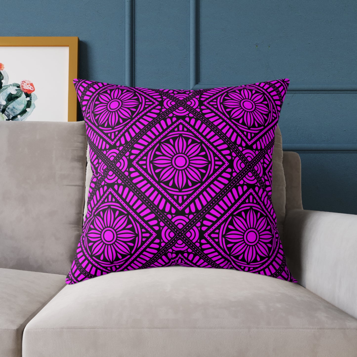 Magenta Floral Tile Pillow | Square Throw Pillow, Geometric Pattern
