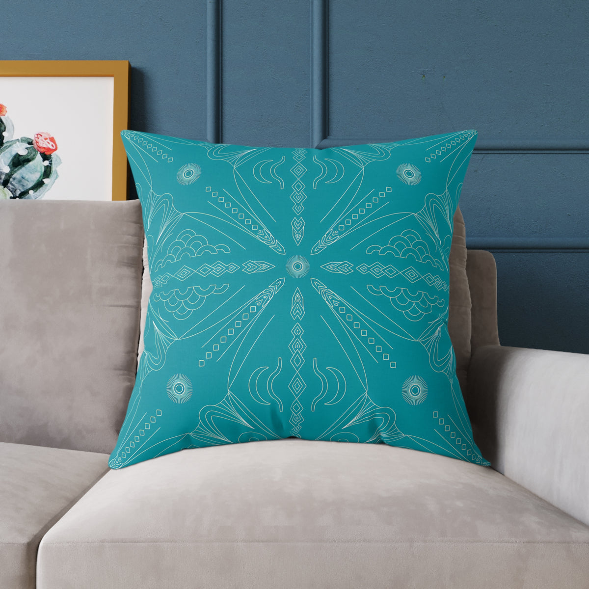 Teal Mandala Pattern Square Poly Canvas Pillow | Boho Decorative Throw Pillow