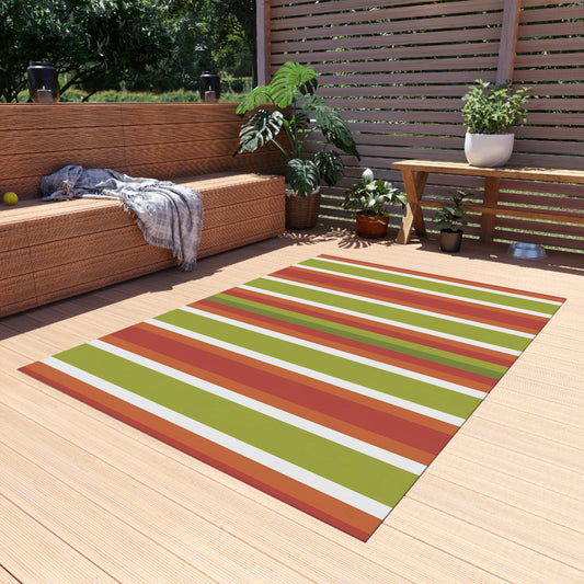 Green Orange White Stripe Outdoor Rug | Patio Door Mat, Weatherproof Porch Runner