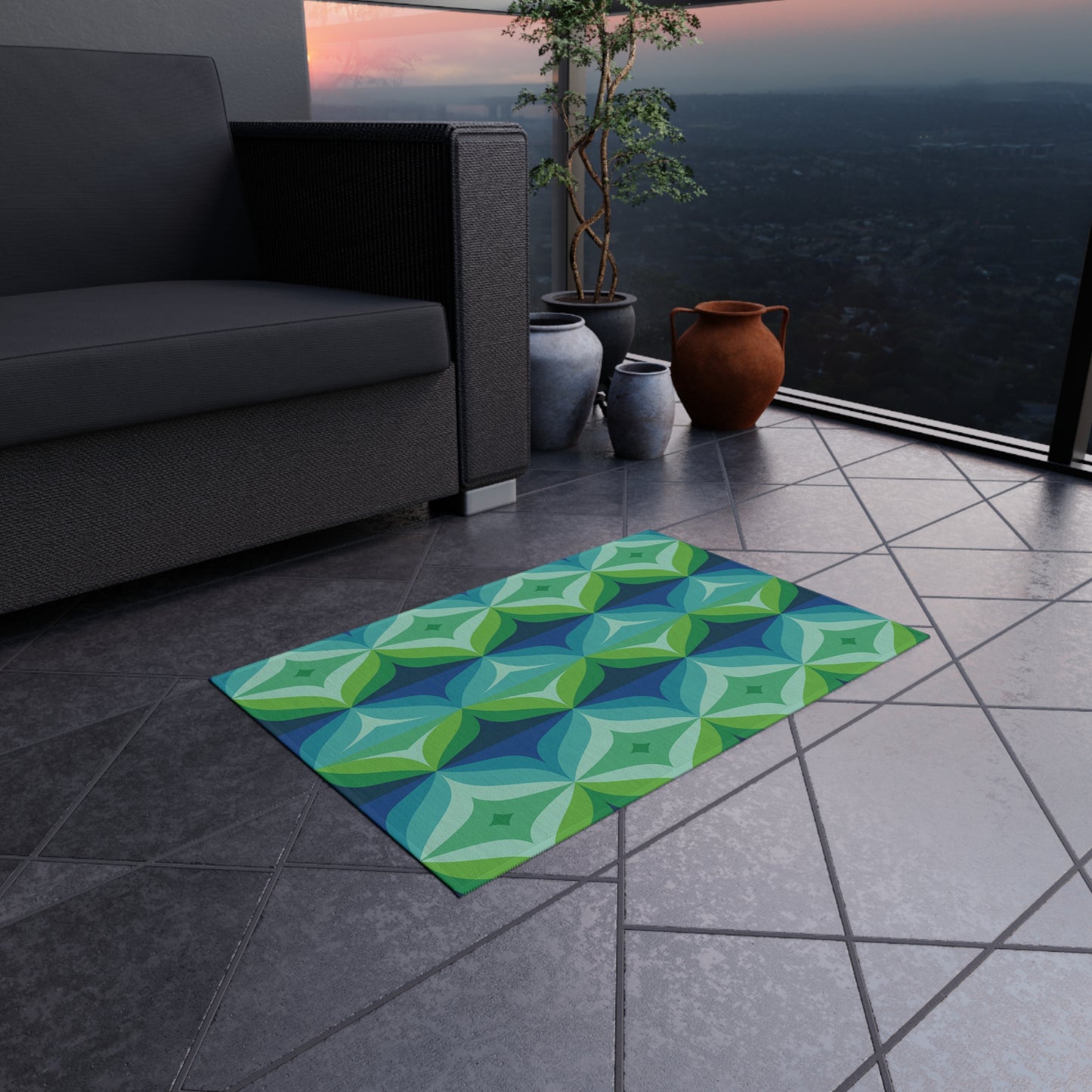 Geometric Leaf Pattern Outdoor/Indoor Rug | Blue Green Patio Mat