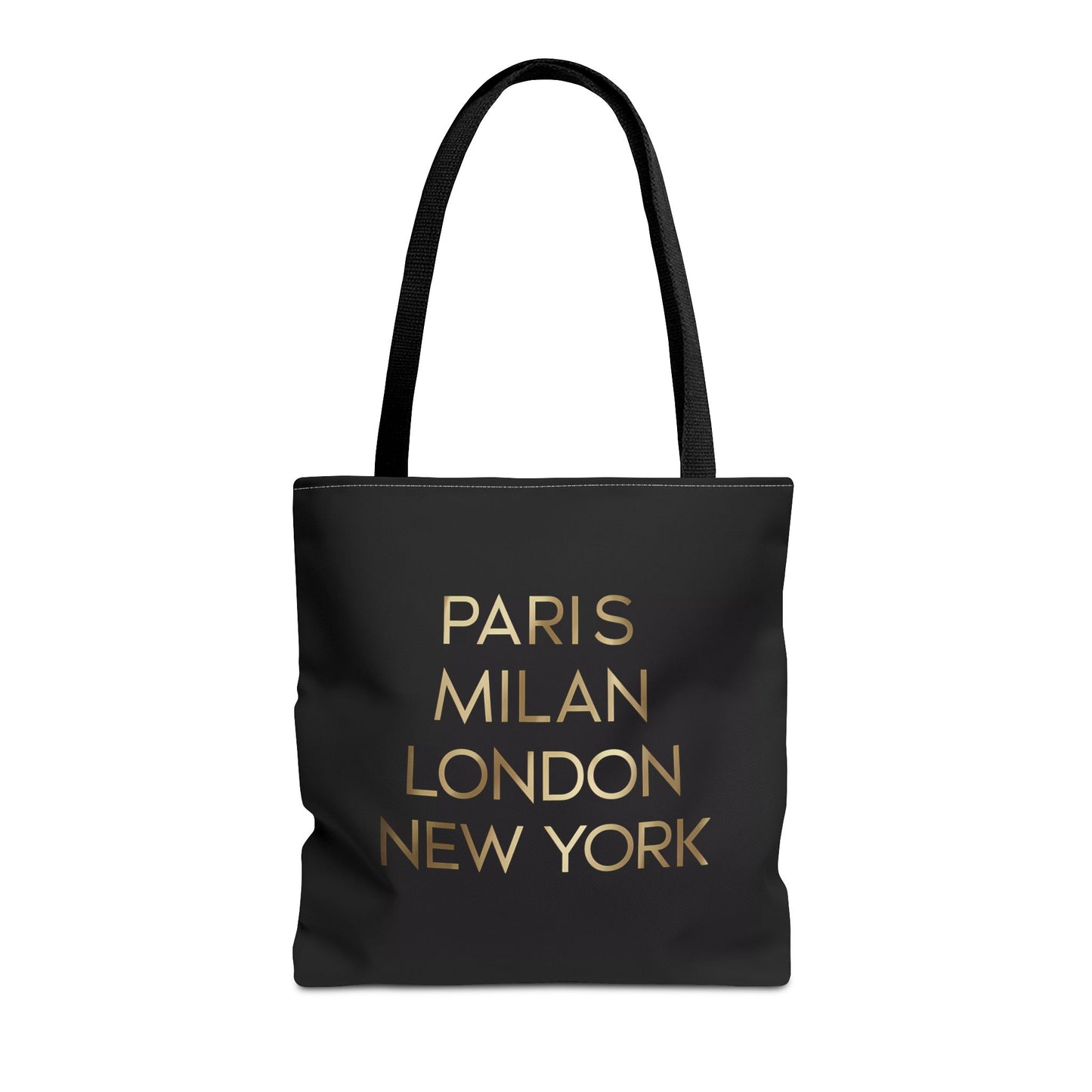 Fashionista Style Black Tote Bag - Paris Milan London New York Gold Typography, Travel Accessory, City Names, Shopping Bag, Fashion Lover