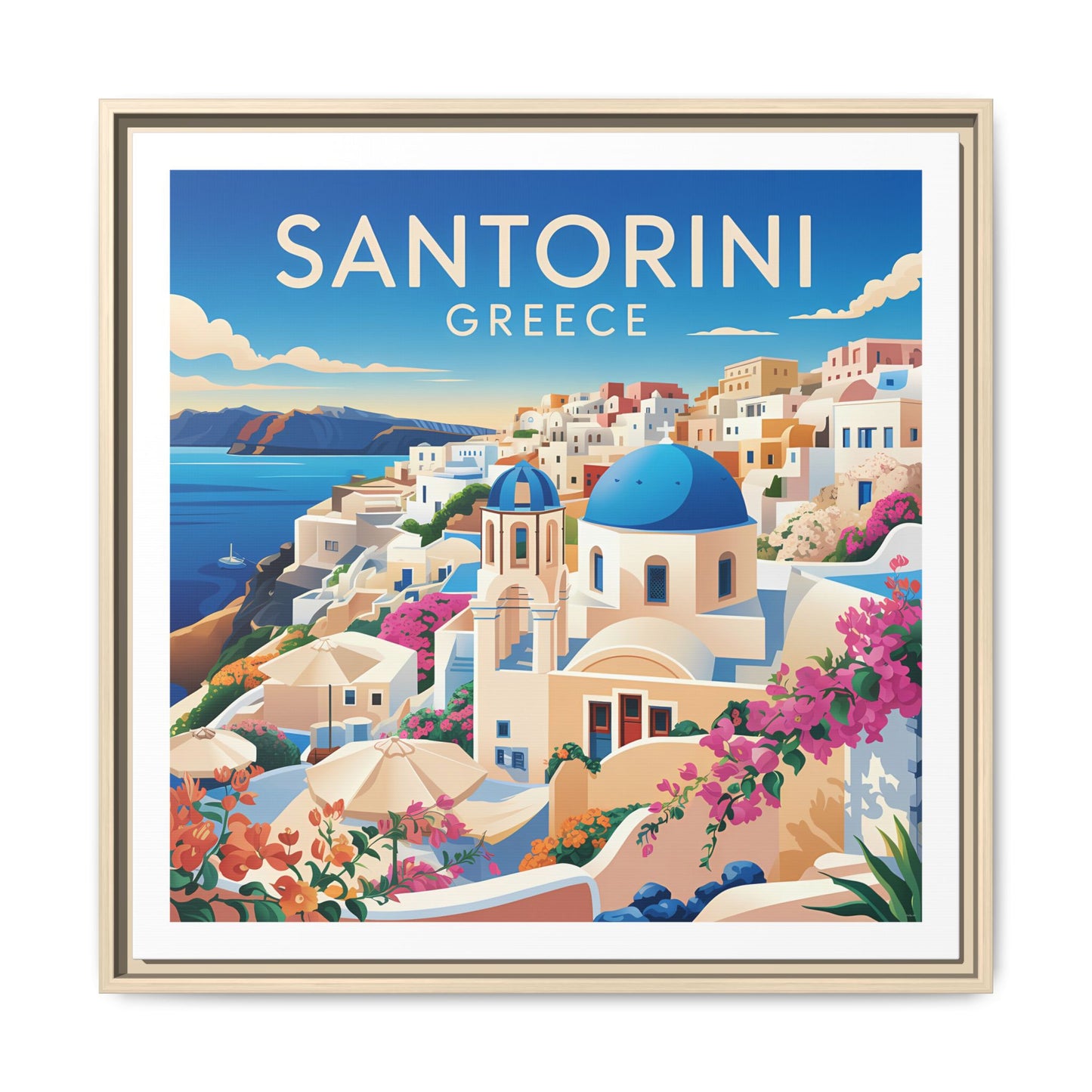 Santorini Greece Travel Art Matte Canvas Framed Wall Art