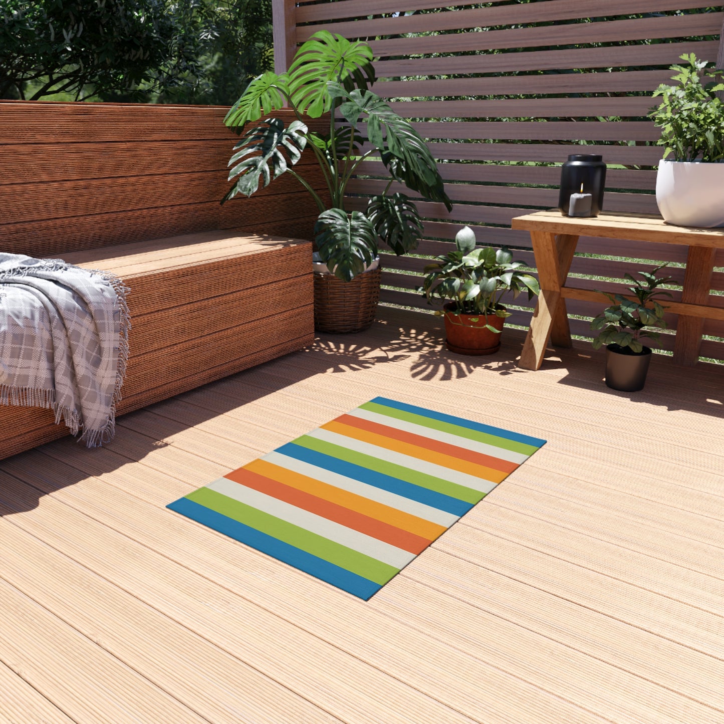 Colorful Vertical Stripes Outdoor/Indoor Rug | Patio Mat, Blue Orange Green