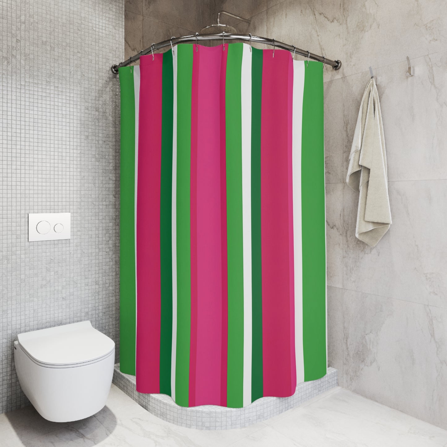 Pink and Green Vertical Stripes Shower Curtain | Bold Stripe Bathroom Decor