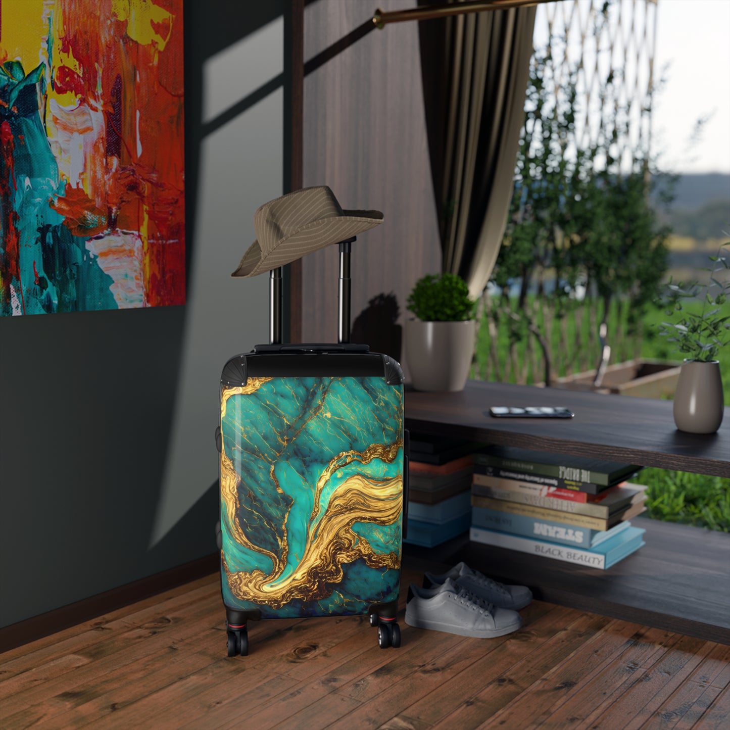 Suitcase, Travel Luggage, Rolling Bag, Green and Gold Marbleized Print, Stunning Travel Accessory