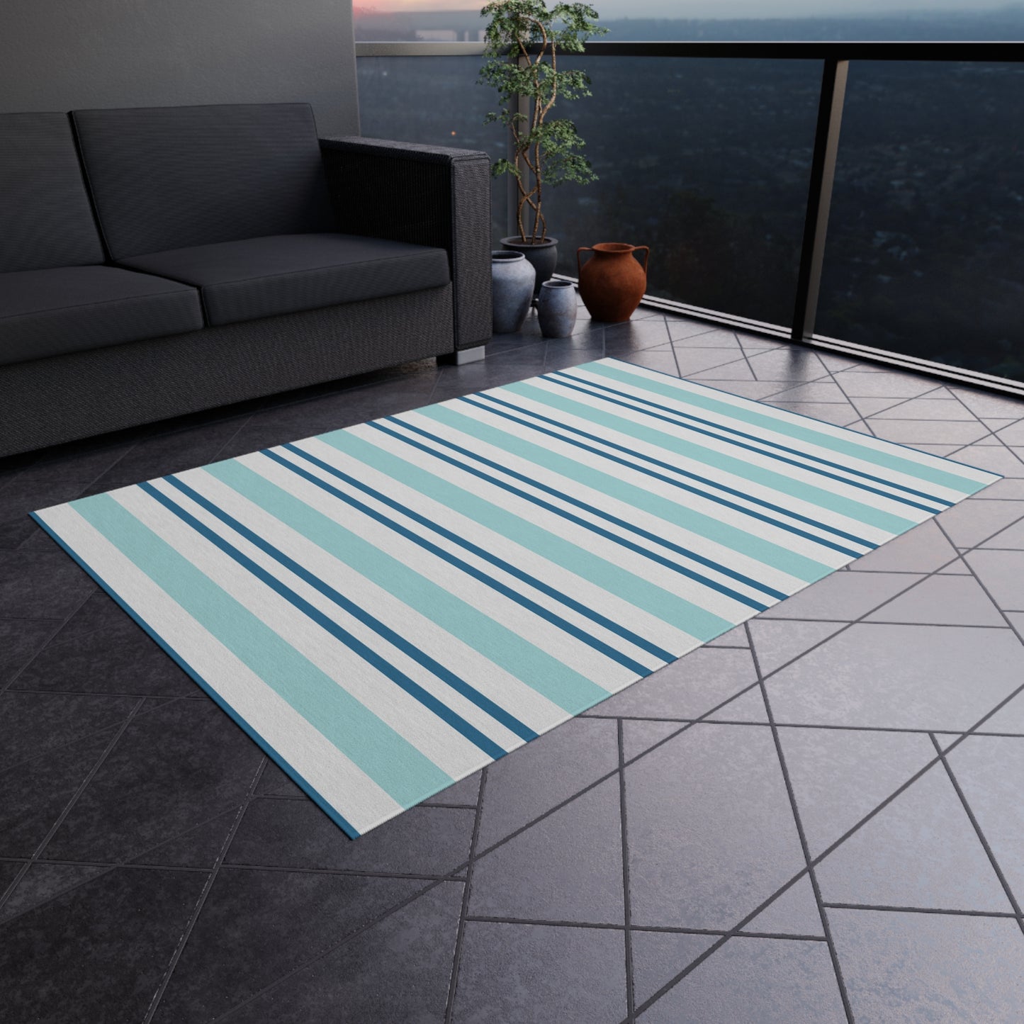 Blue White Striped Coastal Pattern Outdoor Rug | Patio Mat