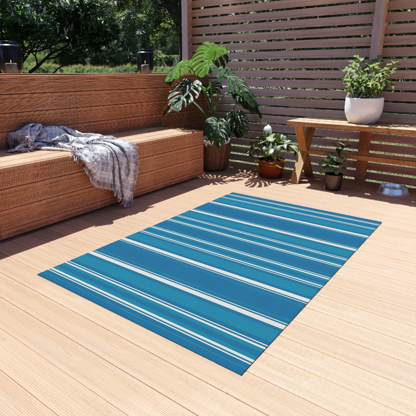 Blue Stripe Outdoor/Indoor Rug | Patio Mat, Coastal Striped Porch Rug