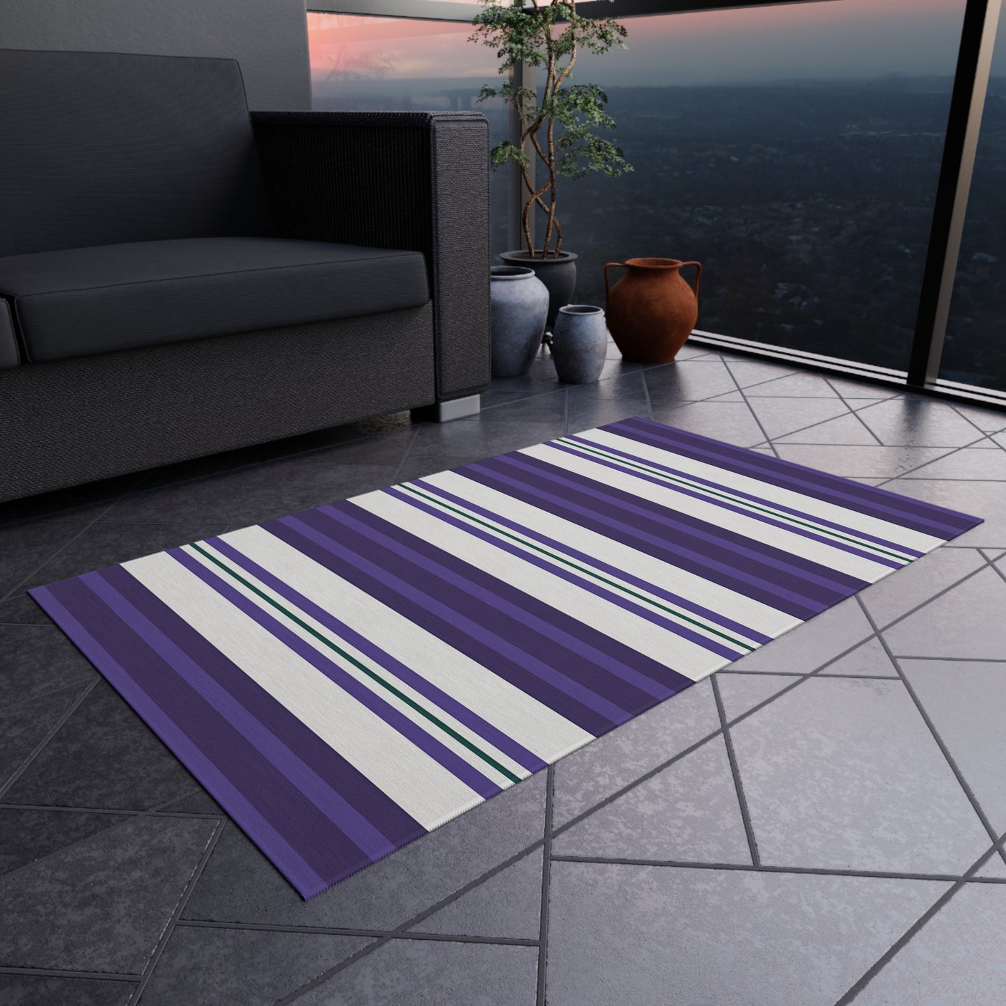 Purple White Stripe Pattern Outdoor/Indoor Rug | Coastal Patio Mat
