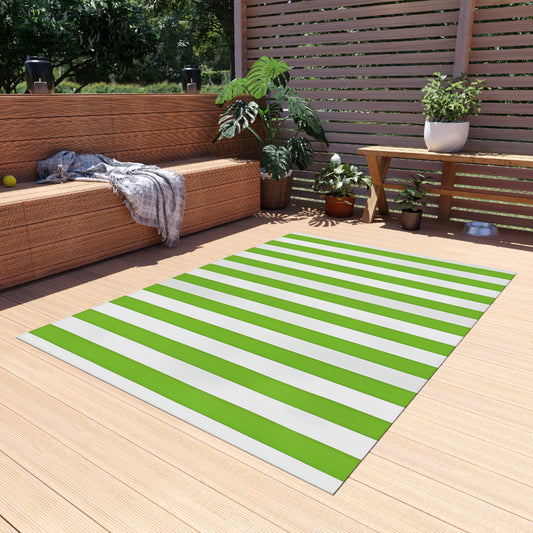 Green and White Striped Indoor/Outdoor Rug | Patio Mat, Weather-Resistant Flooring
